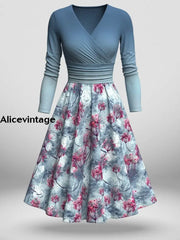 Vintage Floral Art V-Neck Long Sleeve Midi Dress