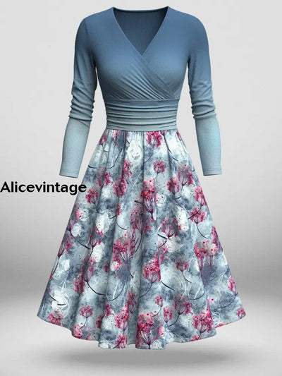 Vintage Floral Art V-Neck Long Sleeve Midi Dress