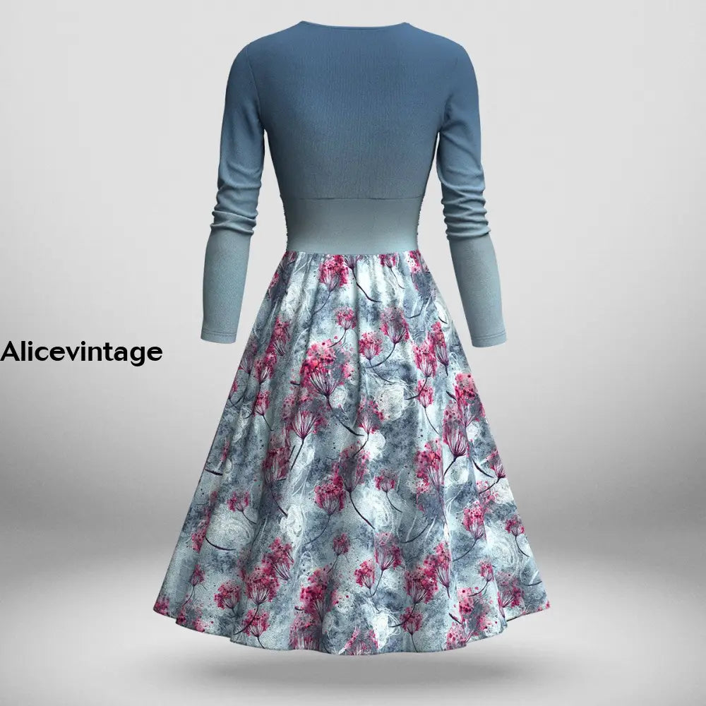 Vintage Floral Art V-Neck Long Sleeve Midi Dress