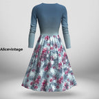 Vintage Floral Art V-Neck Long Sleeve Midi Dress