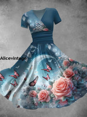 Vintage Floral Butterfly Art Print V-Neck Short Sleeve Midi Dress