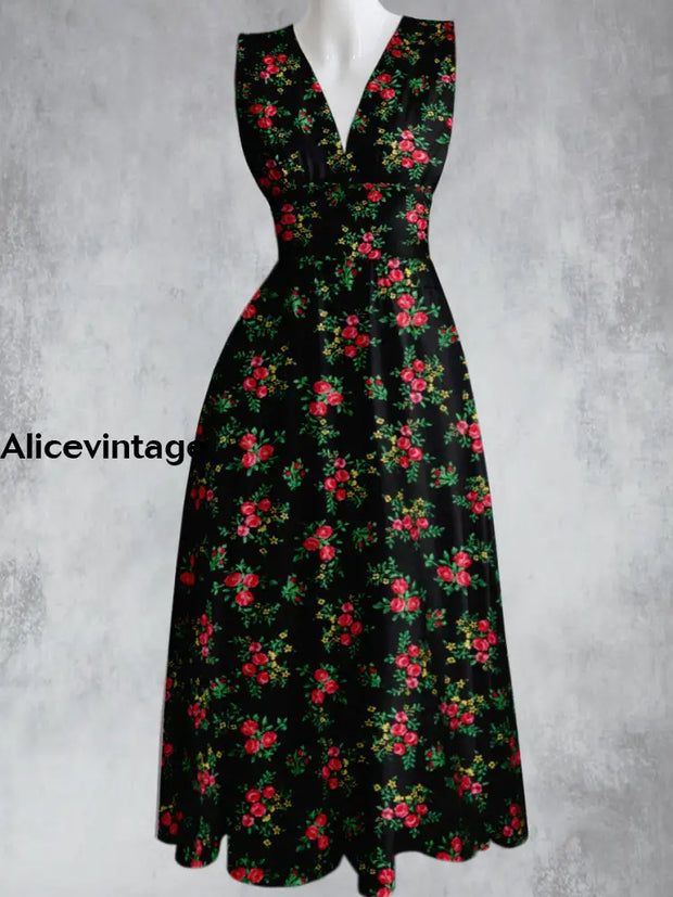 Vintage Floral Design Printed V-Neck 50’S Elegant Chic Sleeveless Maxi Dress A / S