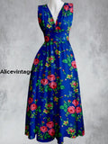 Vintage Floral Design Printed V-Neck 50’S Elegant Chic Sleeveless Maxi Dress A / S
