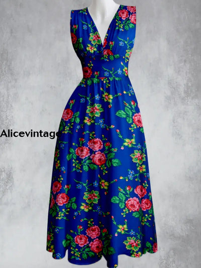 Vintage Floral Design Printed V-Neck 50’S Elegant Chic Sleeveless Maxi Dress A / S