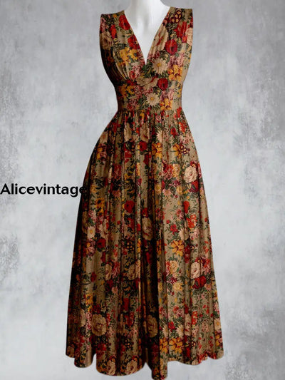 Vintage Floral Design Printed V-Neck 50’S Elegant Chic Sleeveless Maxi Dress A / S