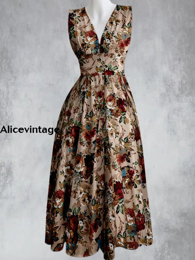 Vintage Floral Design Printed V-Neck 50’S Elegant Chic Sleeveless Maxi Dress A / S