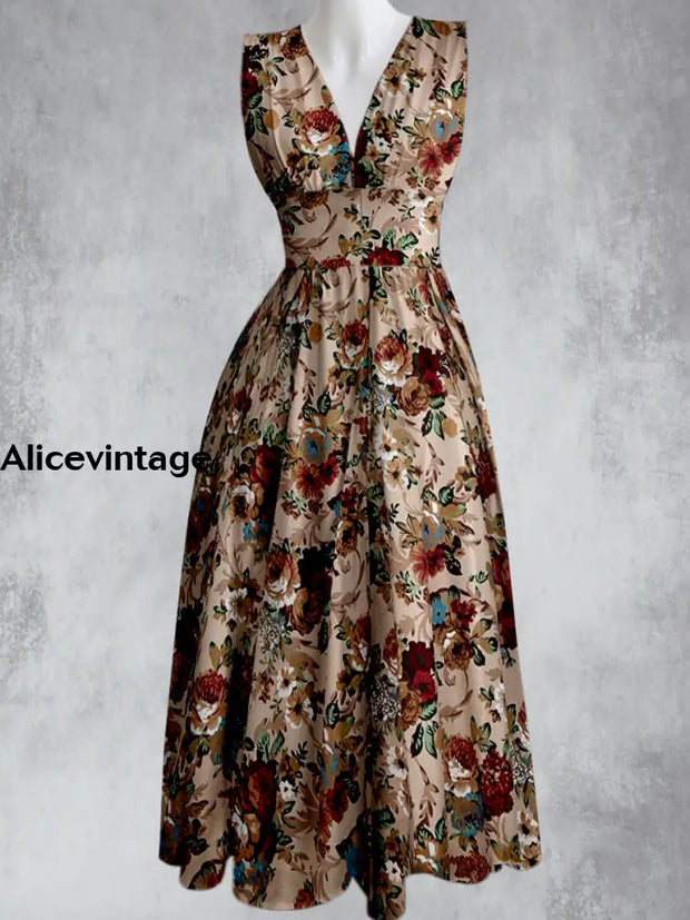 Vintage Floral Design Printed V-Neck 50’S Elegant Chic Sleeveless Maxi Dress A / S