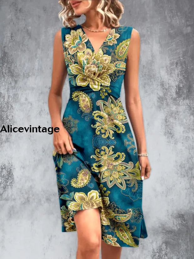 Vintage Floral Designs Printed V-Neck Sleeveless Pleated Design Fashion Midi Dress A / S