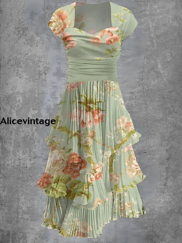 Vintage Floral Print 50S Elegant Chic Short Sleeve Midi Dress A / S