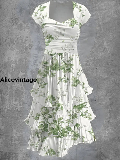 Vintage Floral Print 50S Elegant Chic Short Sleeve Midi Dress A / S