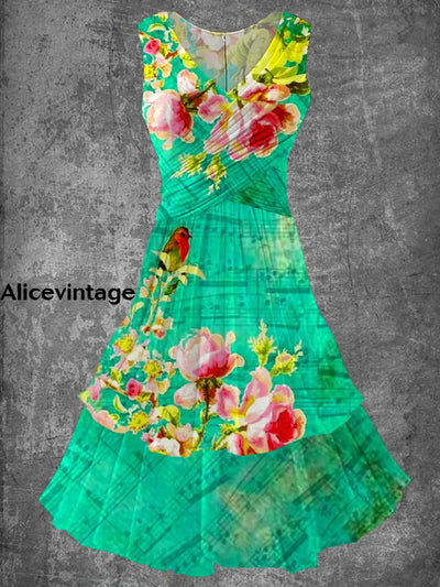 Vintage Floral Print 50S Elegant Chic Sleeveless Midi Dress A / S