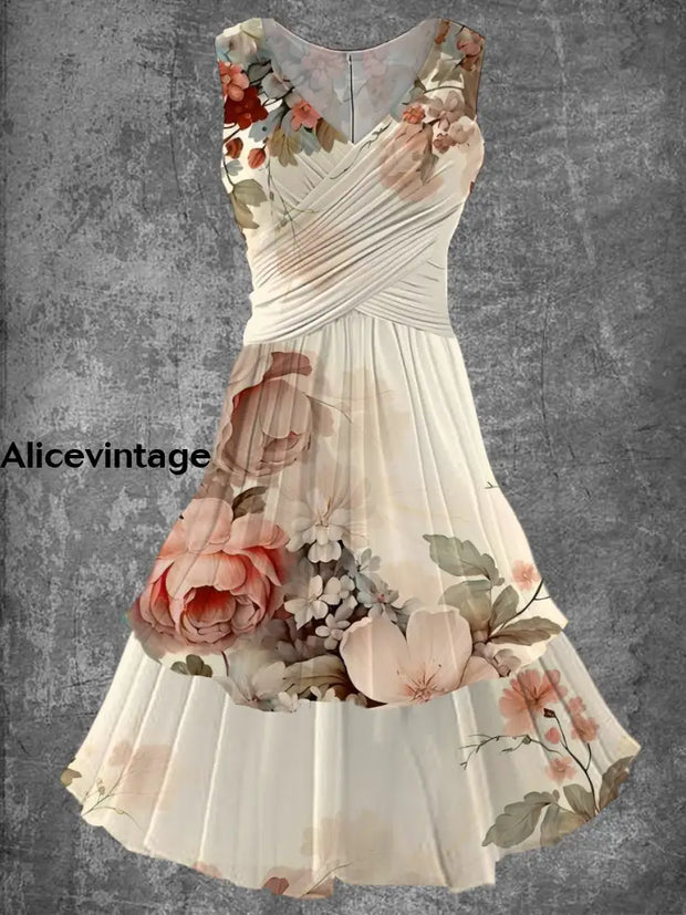 Vintage Floral Print 50S Elegant Chic Sleeveless Midi Dress A / S