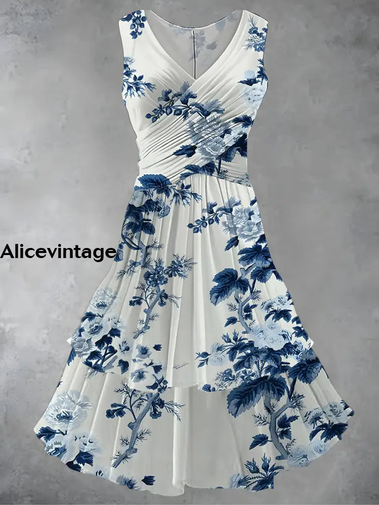 Vintage Floral Print 50S Elegant Chic Sleeveless Midi Dress A / S