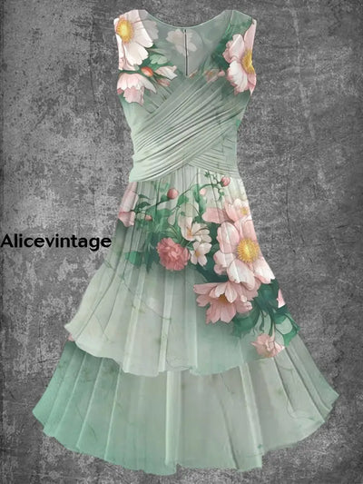 Vintage Floral Print 50S Elegant Chic Sleeveless Midi Dress A / S