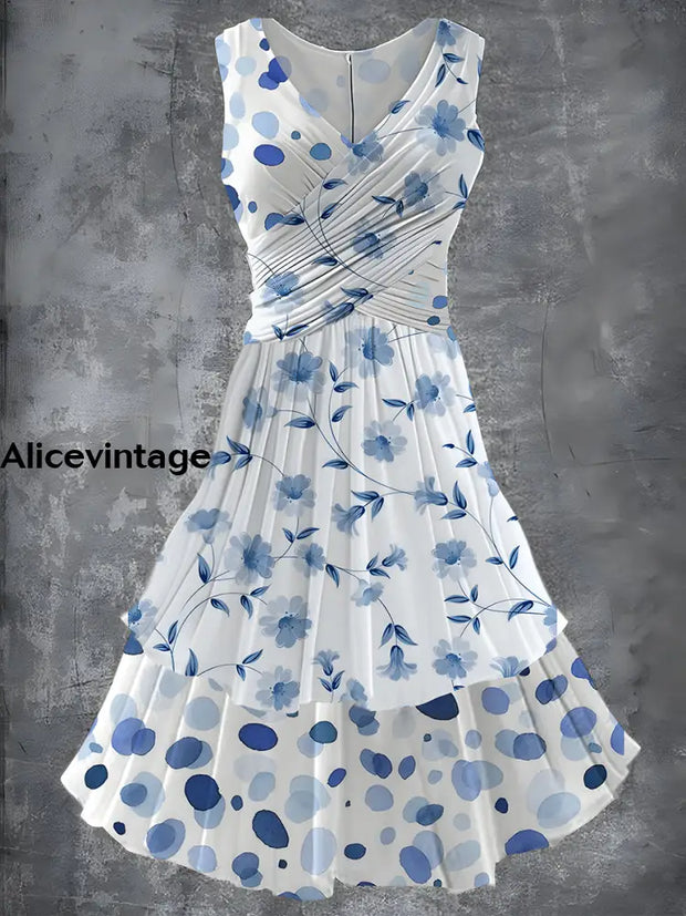 Vintage Floral Print 50S Elegant Chic Sleeveless Midi Dress A / S