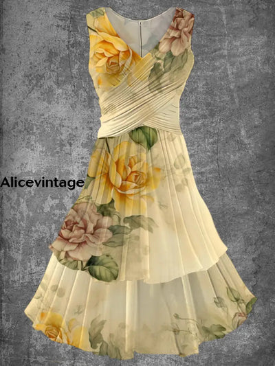 Vintage Floral Print 50S Elegant Chic Sleeveless Midi Dress A / S