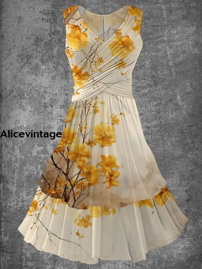 Vintage Floral Print 50S Elegant Chic Sleeveless Midi Dress A / S