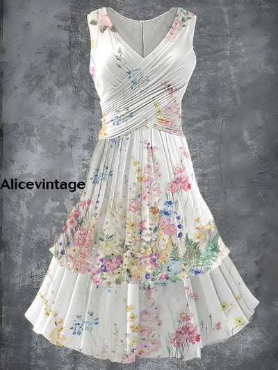 Vintage Floral Print 50S Elegant Chic Sleeveless Midi Dress A / S