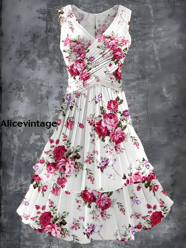 Vintage Floral Print 50S Elegant Chic Sleeveless Midi Dress A / S