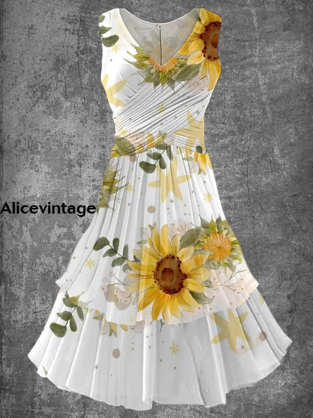 Vintage Floral Print 50S Elegant Chic Sleeveless Midi Dress A / S