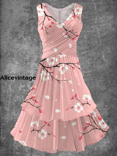 Vintage Floral Print 50S Elegant Chic Sleeveless Midi Dress A / S