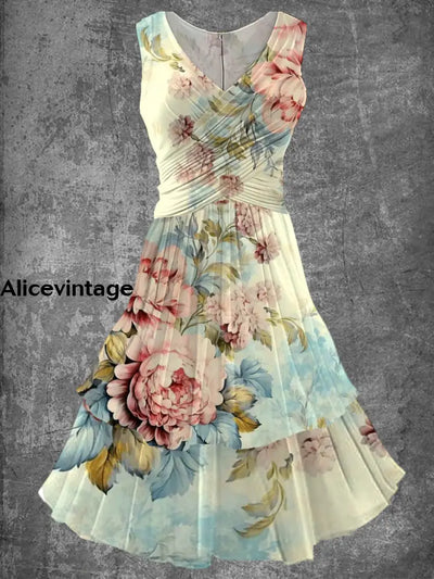 Vintage Floral Print 50S Elegant Chic Sleeveless Midi Dress A / S