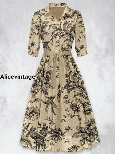 Vintage Floral Print 50’S Short Sleeve Lapel Collar Maxi Dress A / S