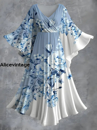 Vintage Floral Print Bat Sleeve V-Neck Elegant Chic Flowy Maxi Dress A / S