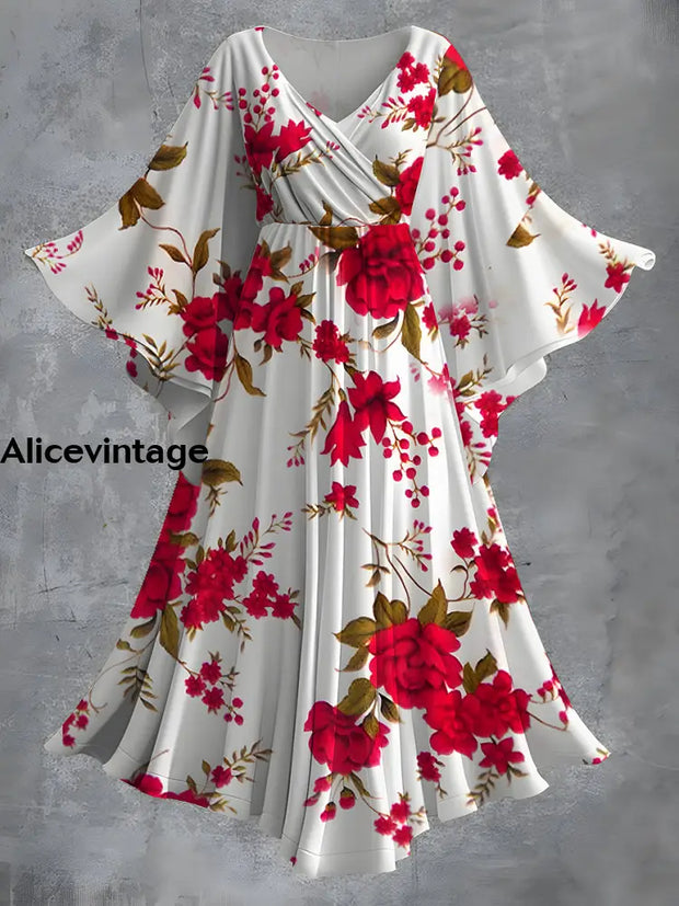 Vintage Floral Print Bat Sleeve V-Neck Elegant Chic Flowy Maxi Dress A / S