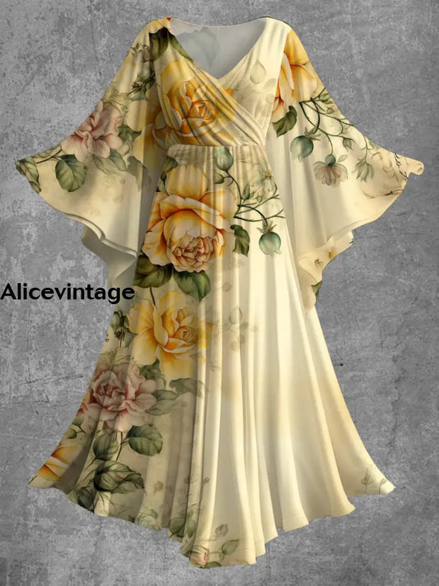 Vintage Floral Print Bat Sleeve V-Neck Elegant Chic Flowy Maxi Dress A / S