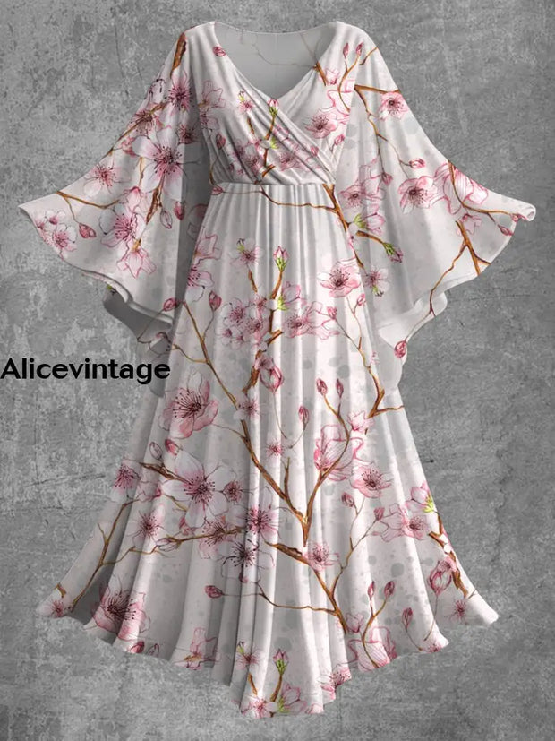 Vintage Floral Print Bat Sleeve V-Neck Elegant Chic Flowy Maxi Dress A / S