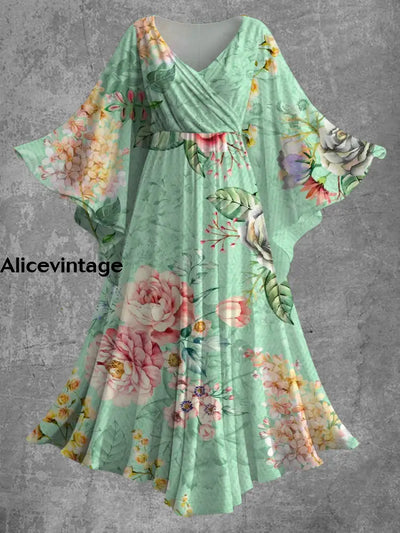 Vintage Floral Print Bat Sleeve V-Neck Elegant Chic Flowy Midi Dress A / S