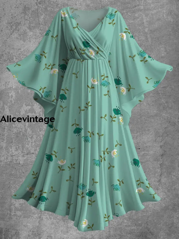 Vintage Floral Print Bat Sleeve V-Neck Elegant Chic Flowy Midi Dress A / S