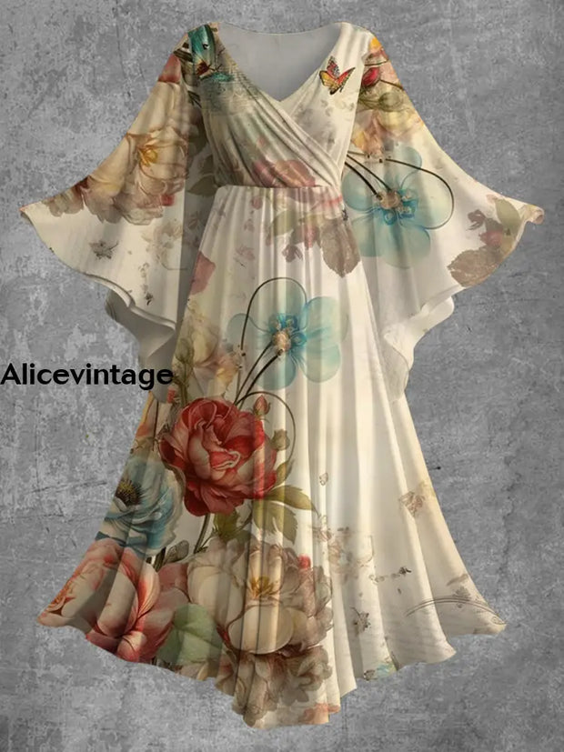 Vintage Floral Print Bat Sleeve V-Neck Elegant Chic Flowy Midi Dress A / S