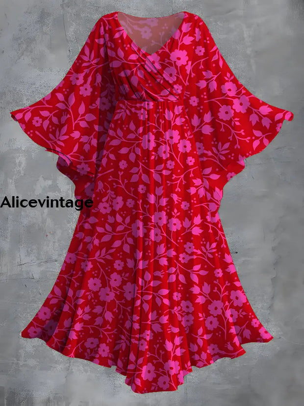 Vintage Floral Print Bat Sleeve V-Neck Elegant Chic Flowy Midi Dress A / S