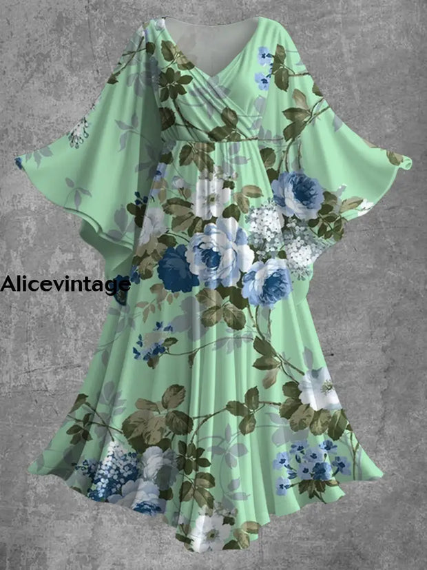 Vintage Floral Print Bat Sleeve V-Neck Elegant Chic Flowy Midi Dress A / S