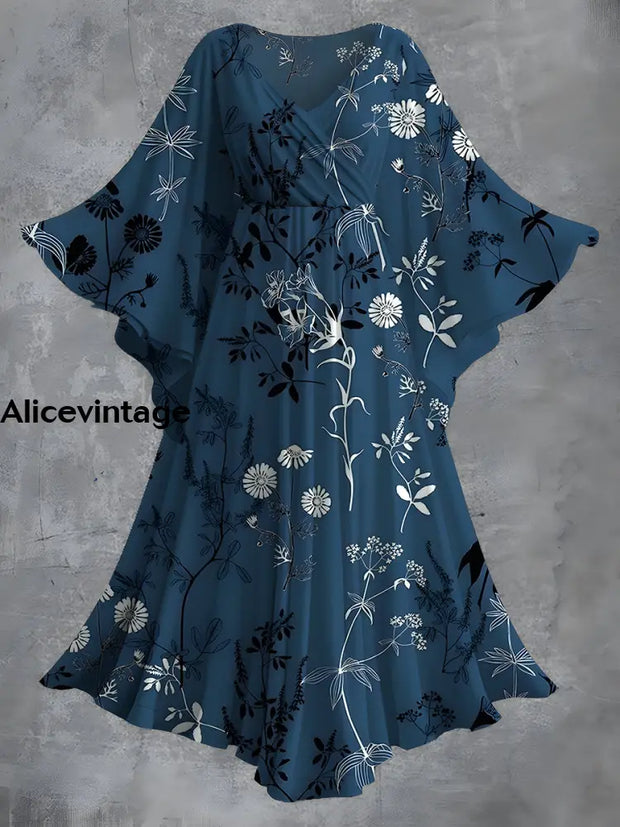 Vintage Floral Print Bat Sleeve V-Neck Elegant Chic Flowy Midi Dress A / S