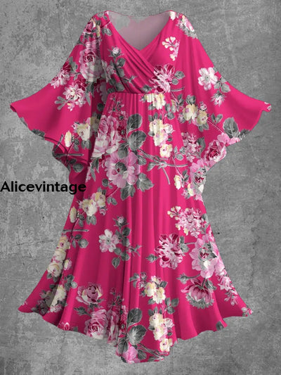 Vintage Floral Print Bat Sleeve V-Neck Elegant Chic Flowy Midi Dress A / S