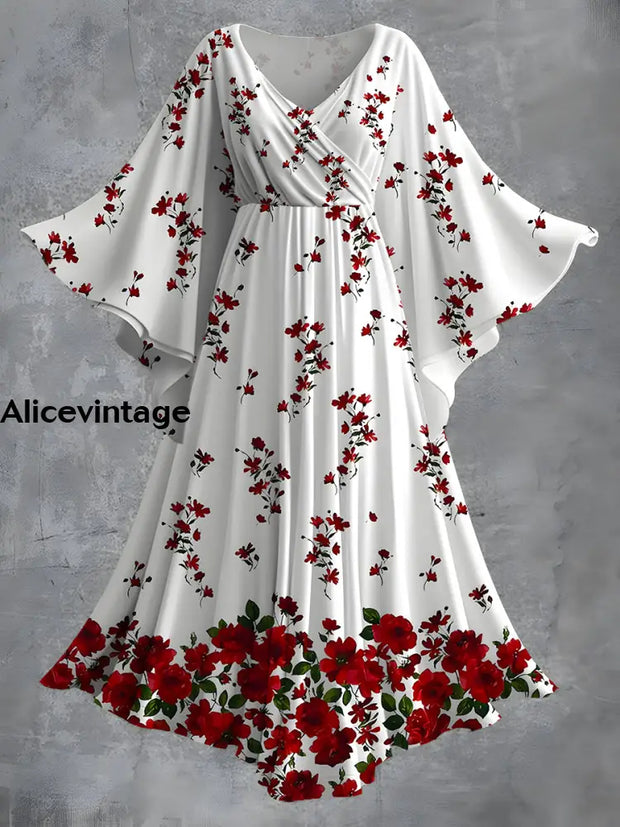 Vintage Floral Print Bat Sleeve V-Neck Elegant Chic Flowy Midi Dress A / S