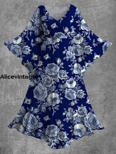 Vintage Floral Print Bat Sleeve V-Neck Elegant Chic Flowy Midi Dress A / S