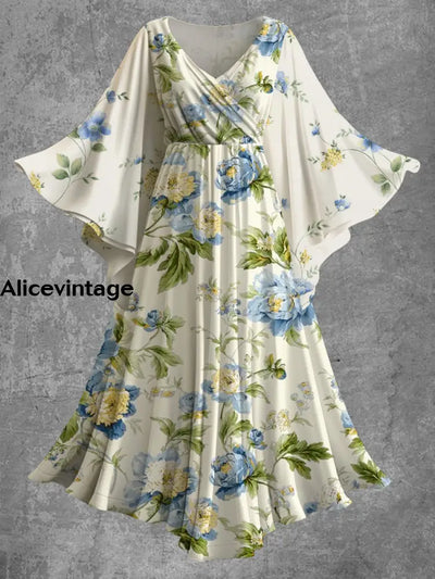 Vintage Floral Print Bat Sleeve V-Neck Elegant Chic Flowy Midi Dress A / S