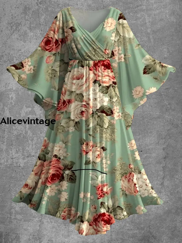 Vintage Floral Print Bat Sleeve V-Neck Elegant Chic Flowy Midi Dress A / S