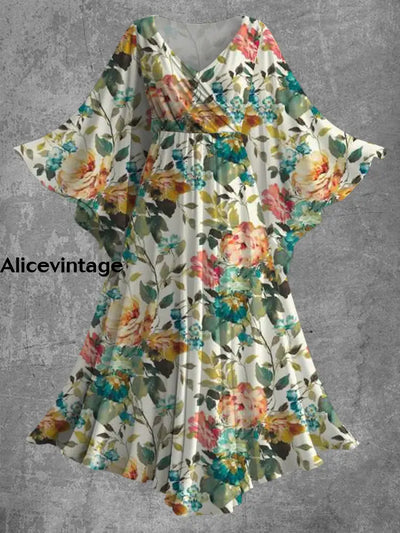 Vintage Floral Print Bat Sleeve V-Neck Elegant Chic Flowy Midi Dress A / S