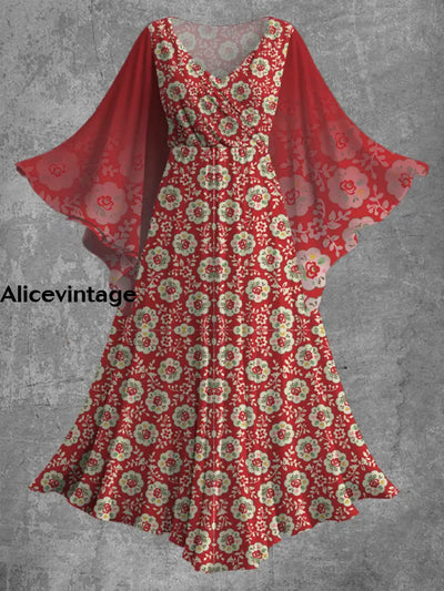 Vintage Floral Print Bat Sleeve V-Neck Elegant Chic Flowy Midi Dress A / S