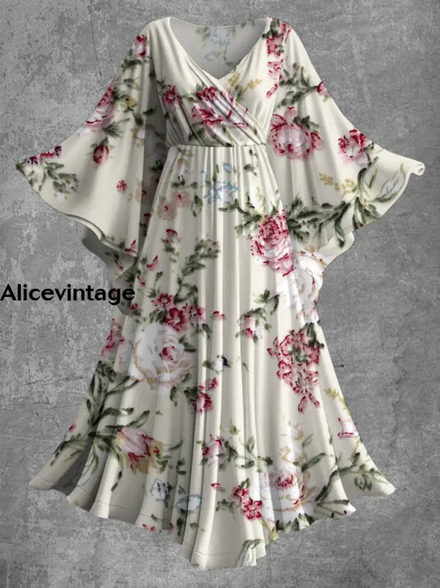 Vintage Floral Print Bat Sleeve V-Neck Elegant Chic Flowy Midi Dress A / S