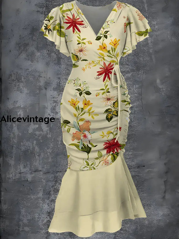 Vintage Floral Print Elegant Chic Short Sleeve Lace-Up Fishtail Dress A / S