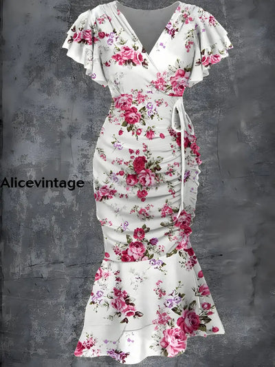 Vintage Floral Print Elegant Chic Short Sleeve Lace-Up Fishtail Dress A / S