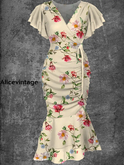 Vintage Floral Print Elegant Chic Short Sleeve Lace-Up Fishtail Dress A / S