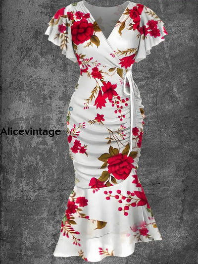 Vintage Floral Print Elegant Chic Short Sleeve Lace-Up Fishtail Dress A / S