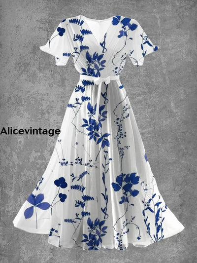 Vintage Floral Print Elegant V-Neck Chic Short Sleeve Maxi Dress A / S